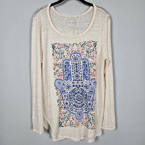 Lucky Brand Womens Hamsa Hand Long Sleeve Tunic Top Large Cream Boho Hippie